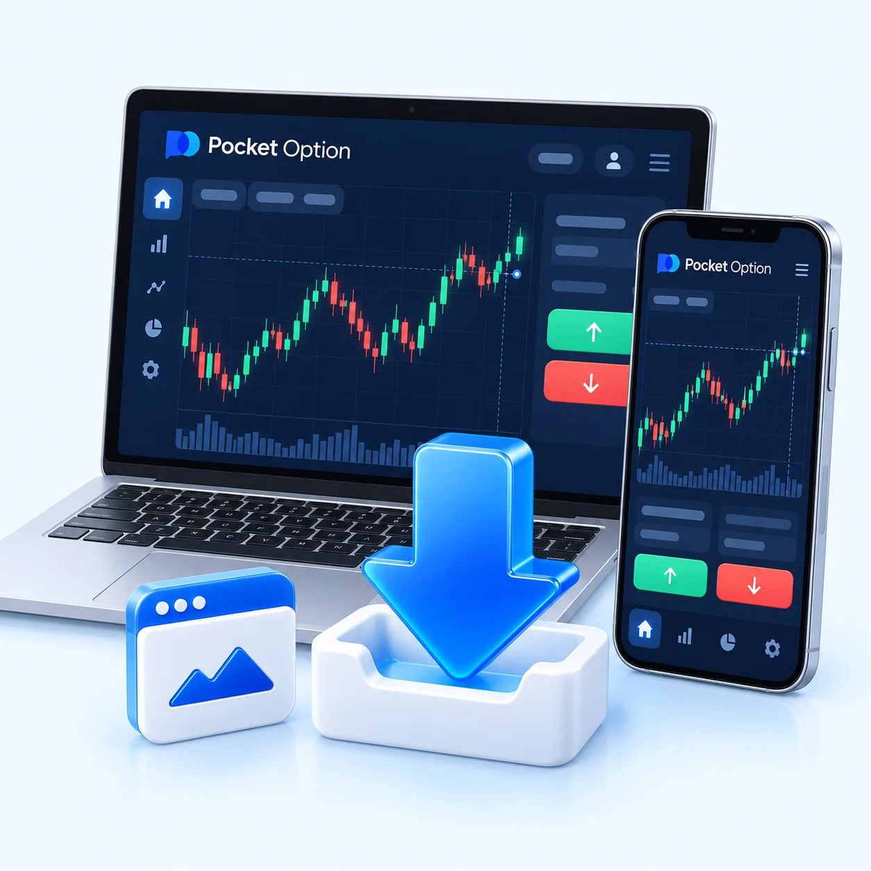 Pocket Option на ноутбуке и телефоне, установка приложения