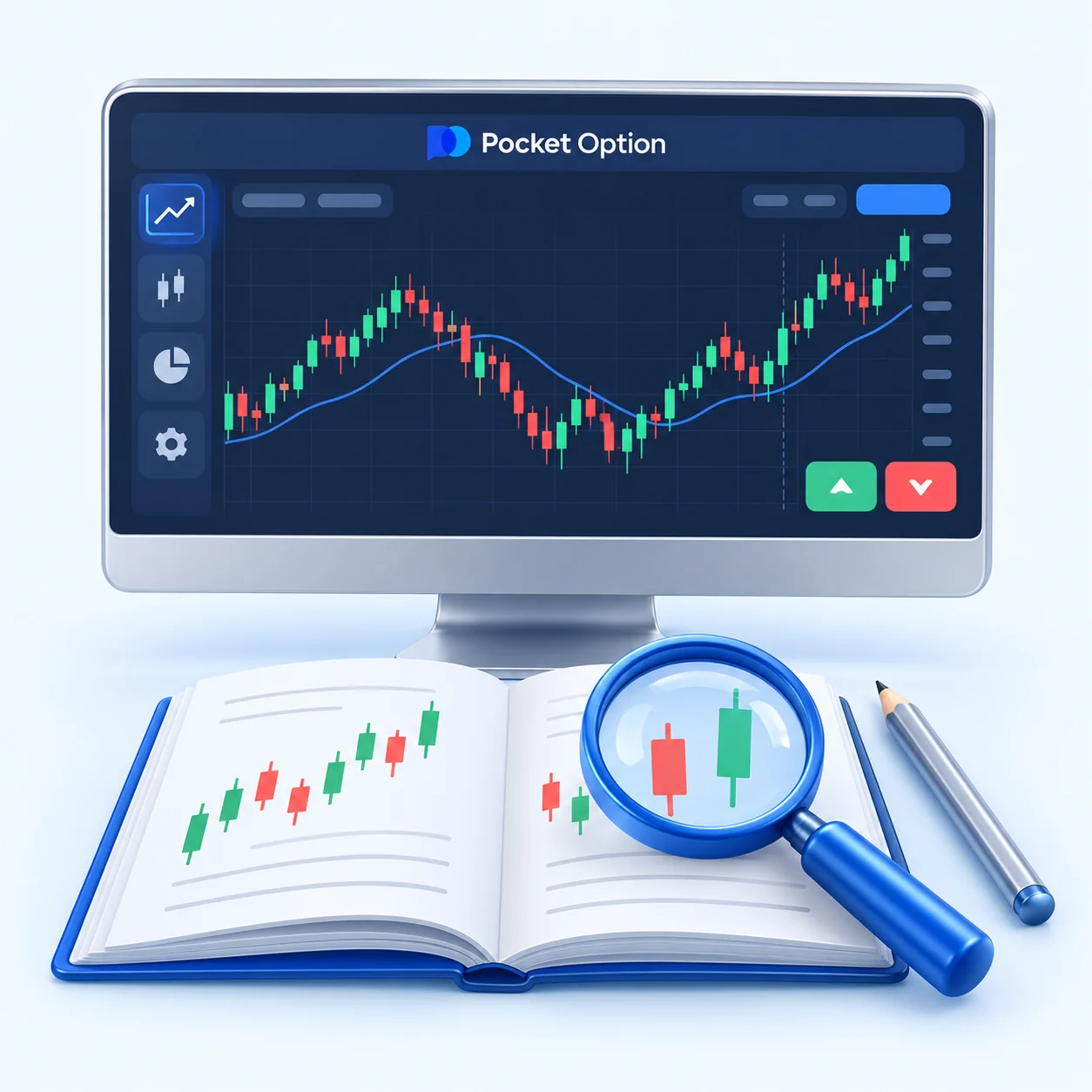 Обучение Pocket Option: свечной график, рабочая тетрадь и лупа
