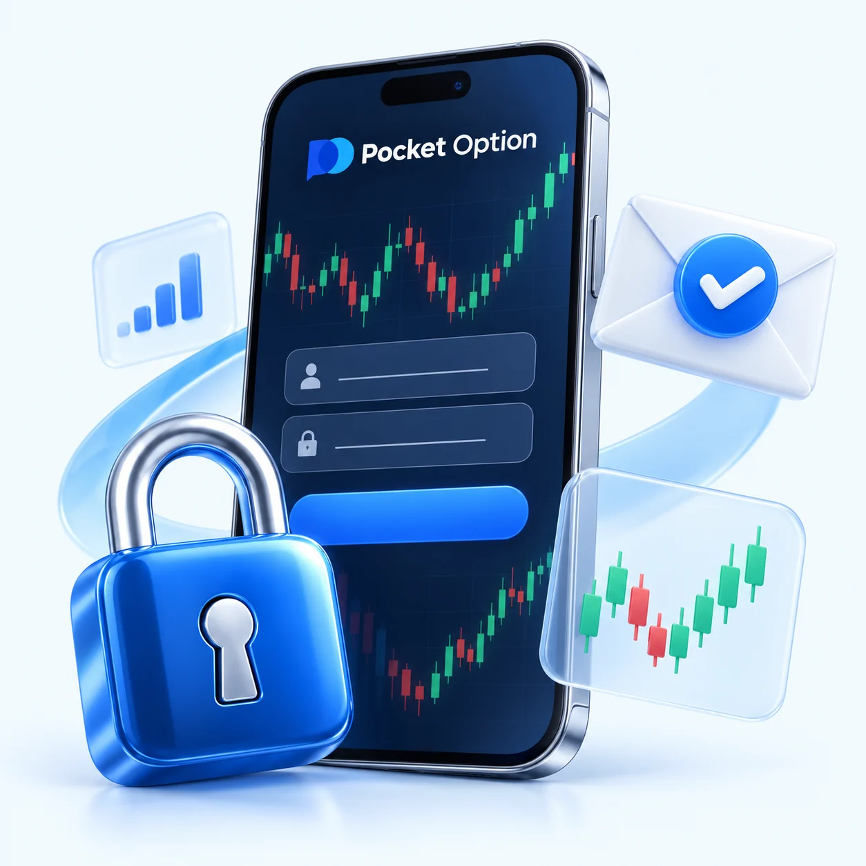 Вход в Pocket Option: смартфон, замок и подтверждение почты